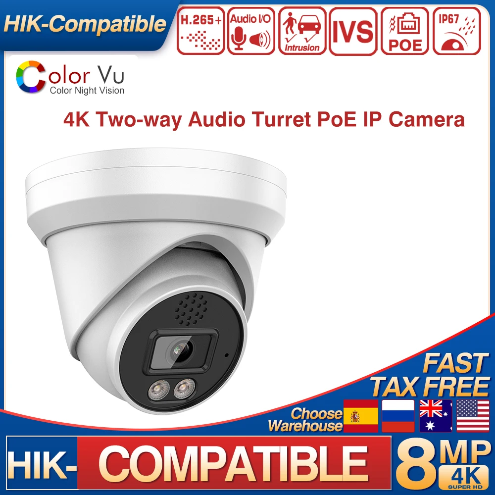 Hik Compatible 6/8MP ColorVu IP Camera Security Surveillance Camera 2-way Audio Plug&Play with HIK NVR P2P View SD card slot