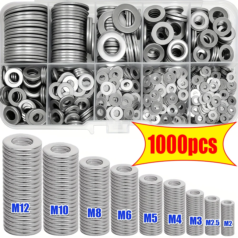1000-Piece Stainless Steel Flat Washer Set (M2 - M12) for Home, Industrial Repair, and Outdoor Construction Maintenance.