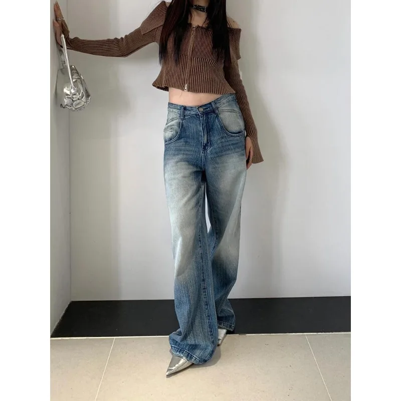 

Женские широкие брюки длиной до пола, осень 2023, уличная одежда, карманы на пуговицах, модные потертые джинсовые прямые брюки