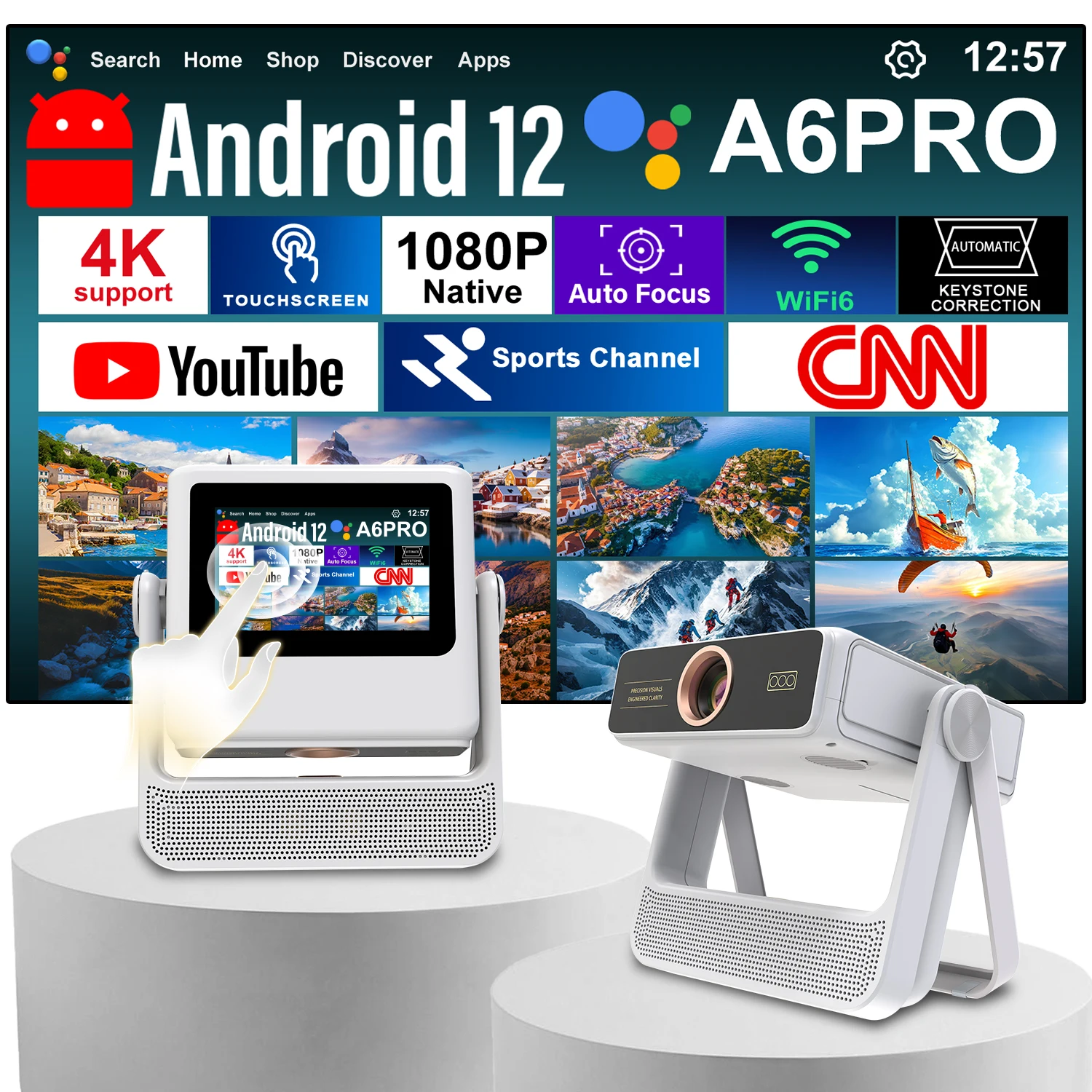 

7" Smart Projector Android 12 1080P 4K Auto Focus 180° Rotation WiFi BT Phone Sync HDMI USB Home Theater Gift