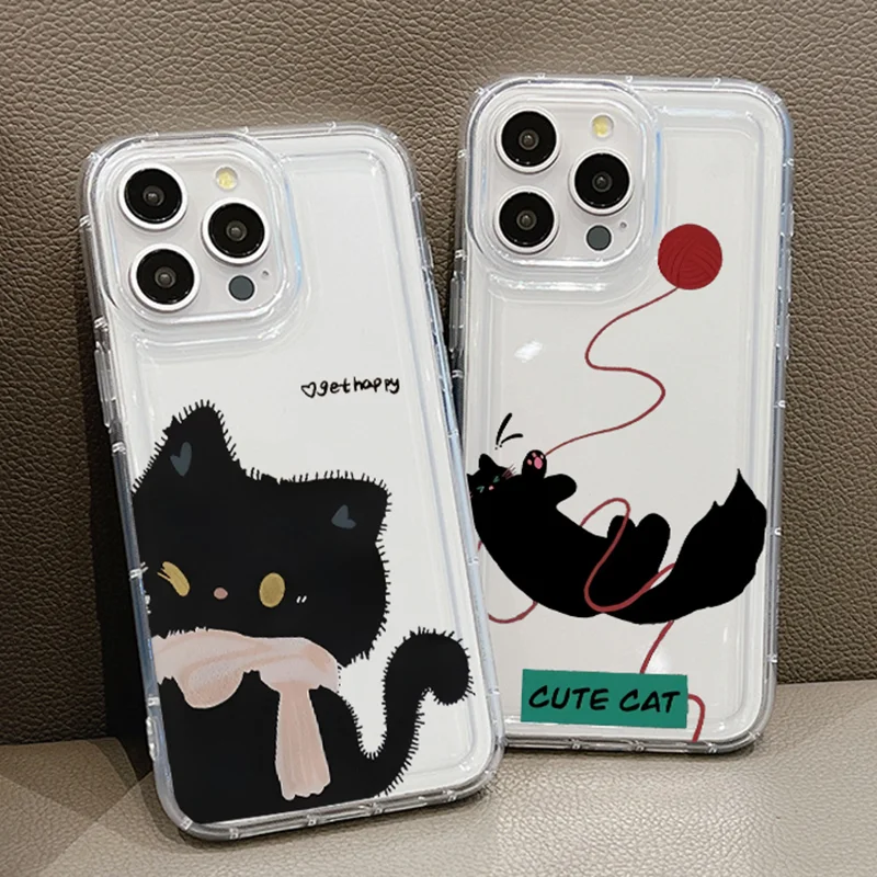 

Cute Black Cat Funny Shockproof Soft Clear Phone Case For iPhone 16 15 14 13 12 11 Pro Max Plus 17 Case Anti Drop Airbag Cover