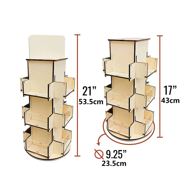 custom.3 Tier Rotating Wooden Display Stand Multi Pocket Greeting Card Sticker Photo Holder Retail Store Showcase