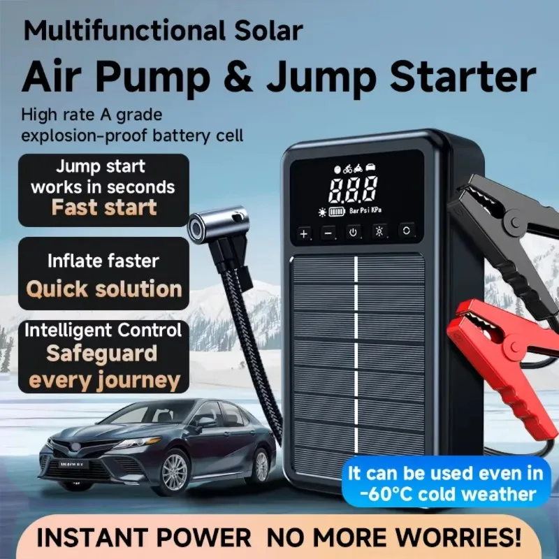 Solar Power Portable 12V Jump Starter Detachable Solar Power Bank Power Supply Outdoor with air Pump 3 Charging Cable