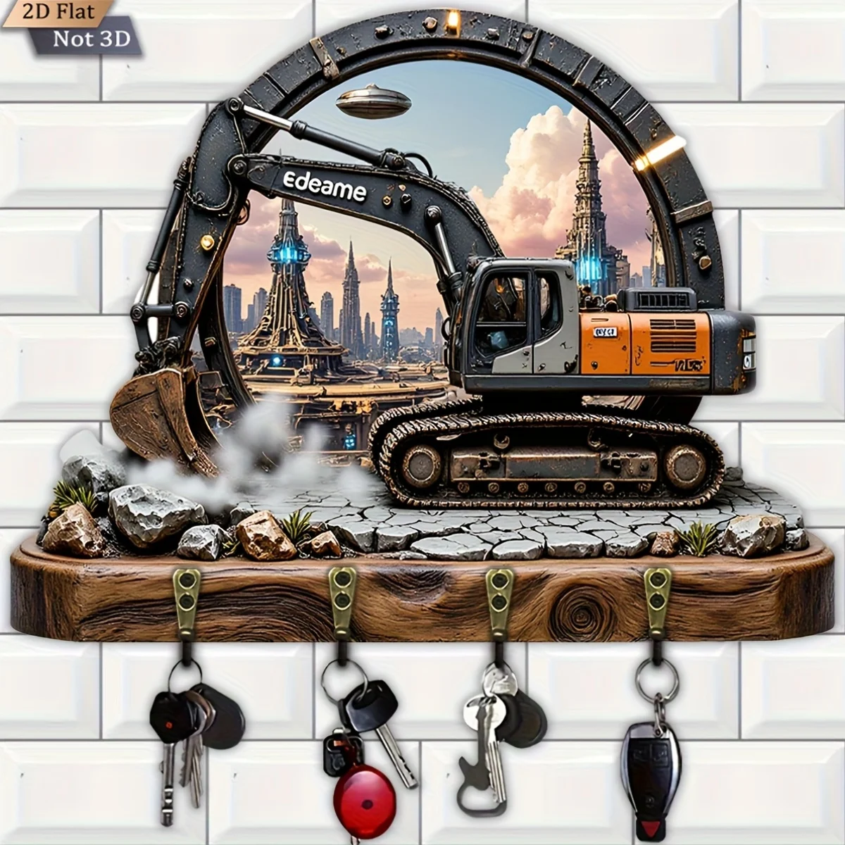 2D Flat, 1pc, Cyberpunk Mechanical Excavator Theme Style Wall Clock Wooden Multifunctional Home Key Hanger with Four Metal