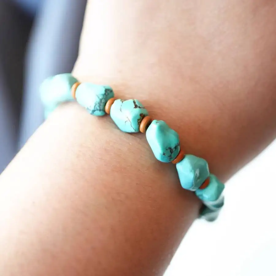 Handmade natural Turquoise raw stone bracelet, men's cuff button bracelet, Ramadan prayer bead bracelet,holiday gift, daily wear view 5
