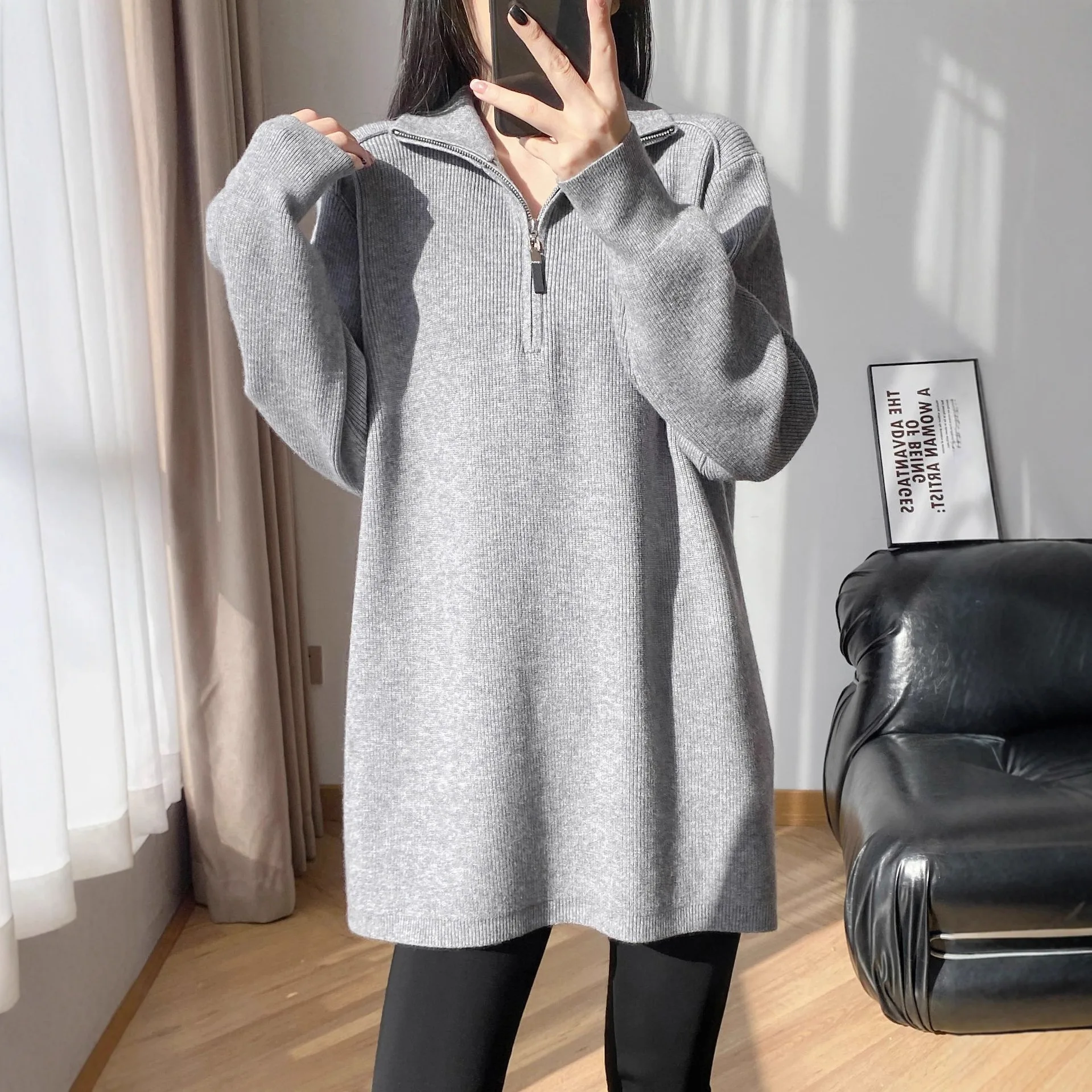 

Women's Autumn Winter Fashion Casual Style Solid Color Inner Wear Top Loose High Collar Mid-Length Knitted Sweater