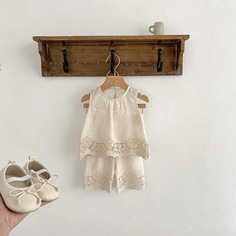 2025 Summer New Girls' 0-3 Years Old Lace Embroidery Vest + Shorts 2PCS Suit Baby Girl Cotton Clothing Set Sleeveless Clothes