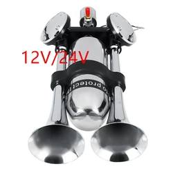 For Train Truck Lorry 12V/24V Dual Trumpet Electric Horn Loud Chrome Air Horn Speaker Kit 500DB Train Truck Lorry 12V/24V