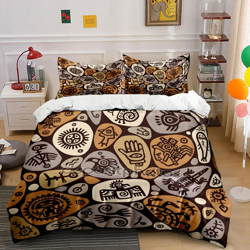 Tribal Pictograph Art Patterns Bedding Set for Kids Luxury Gift 3pcs Digital Print Comforter Set Soft Comfortable Breathable