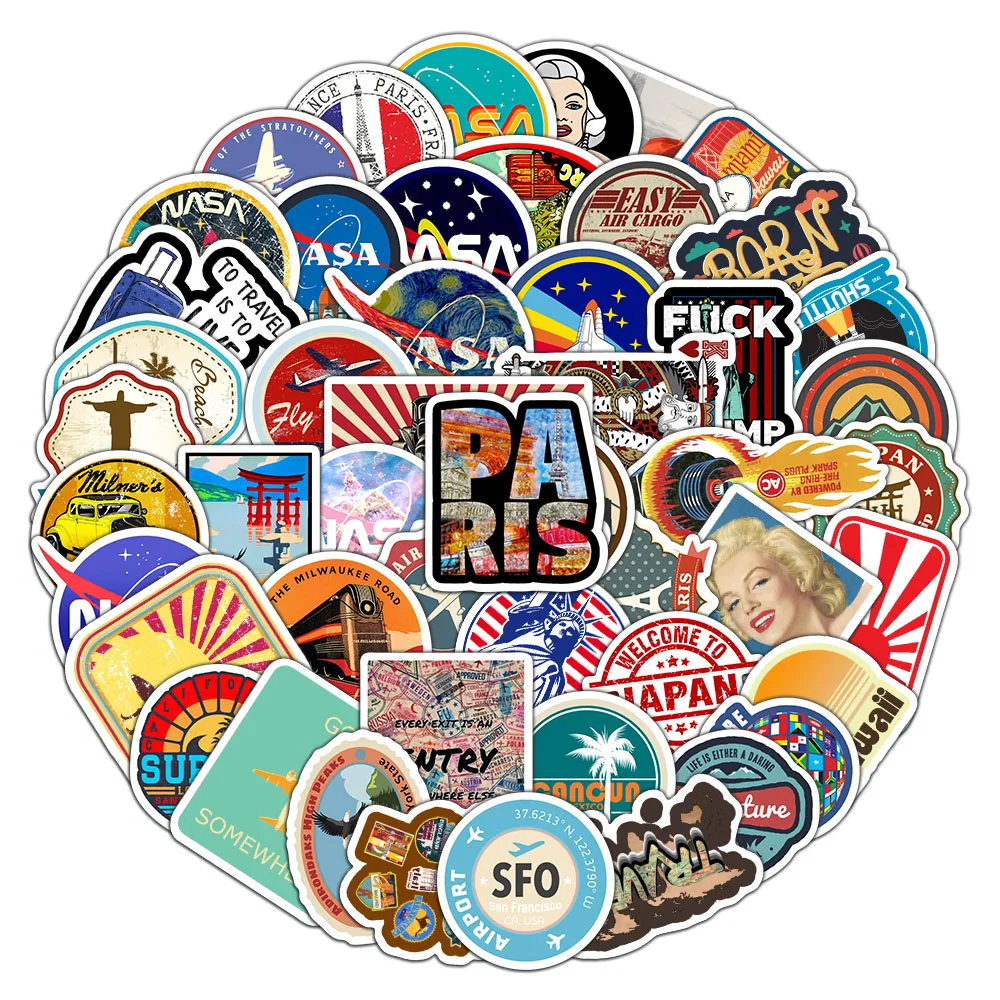 50PCS Cartoon Travel Stickers, Luggage, Laptop, European and American Graffiti Stickers, Retro Nostalgic Waterproof Stickers