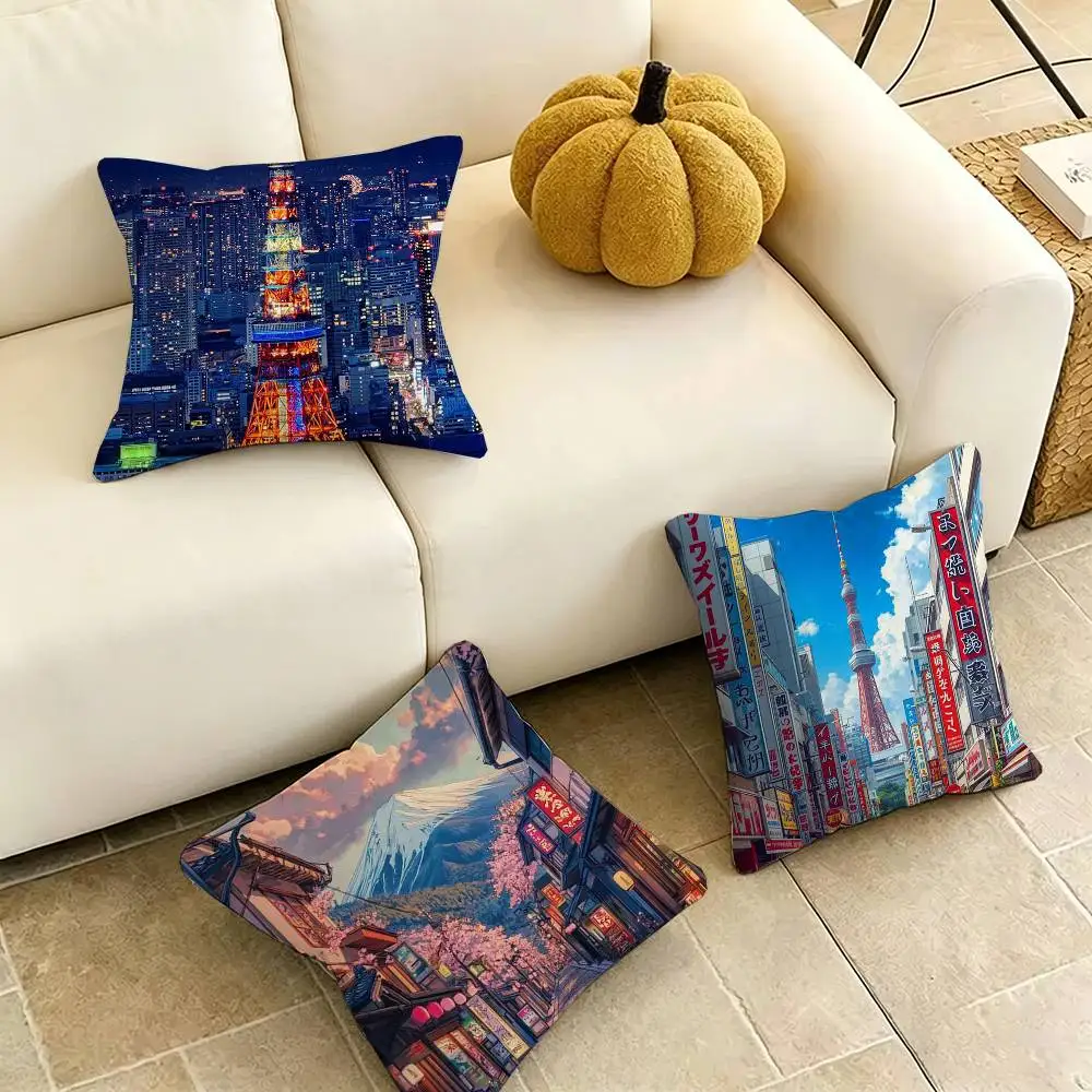 Japanese Town Mount Fuji Square Double-Sided printed Pillow Case Bedroom Bedside Pillow Sofa Cushion Cover Gift