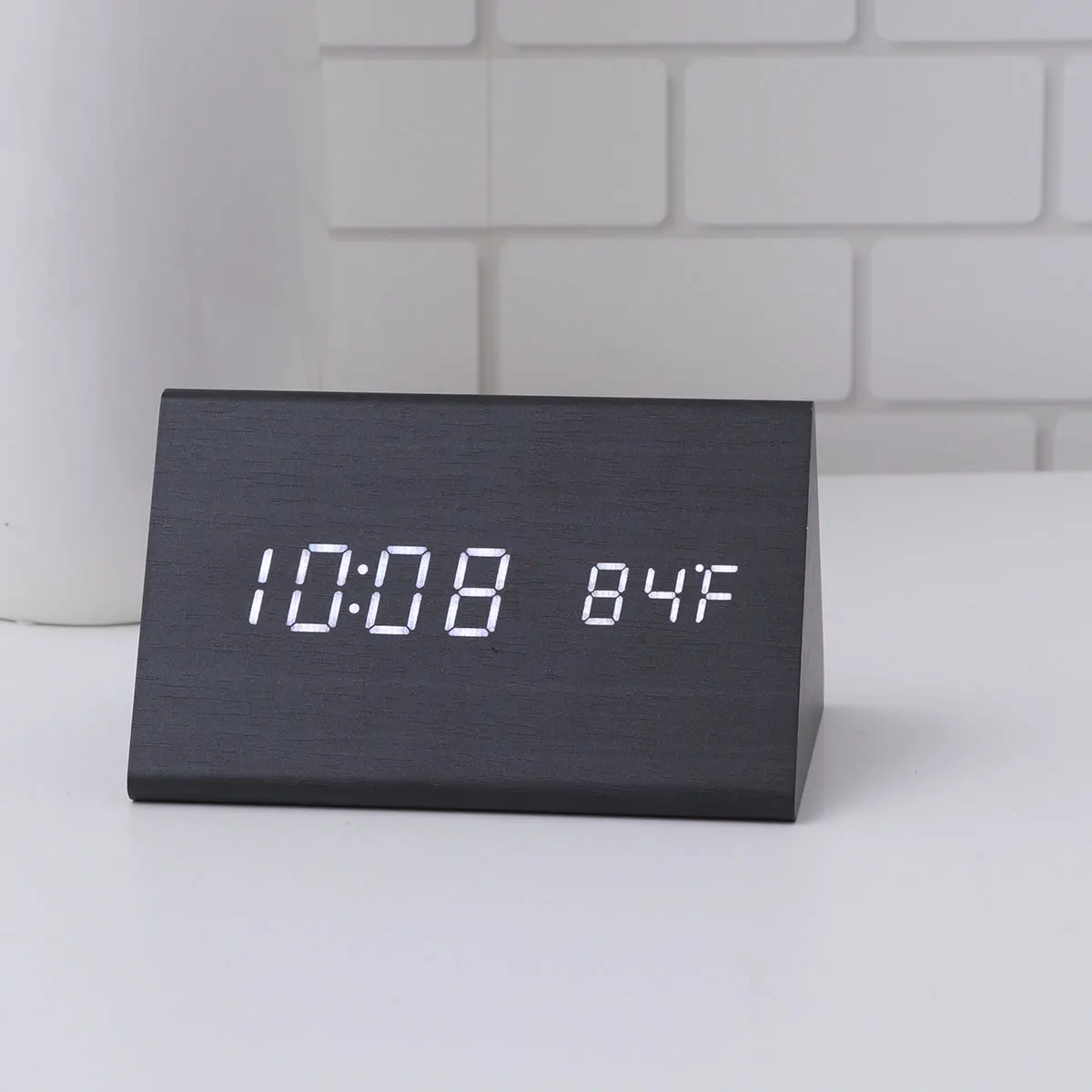 

LED Desk Wood Digital Alarm Clock Luminous Silent Clock Time Temperature Adjustable Brightness (Black Wood and White Display)