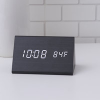 LED Desk Wood Digital Alarm Clock Luminous Silent Clock Time Temperature Adjustable Brightness (Black Wood and White Display)