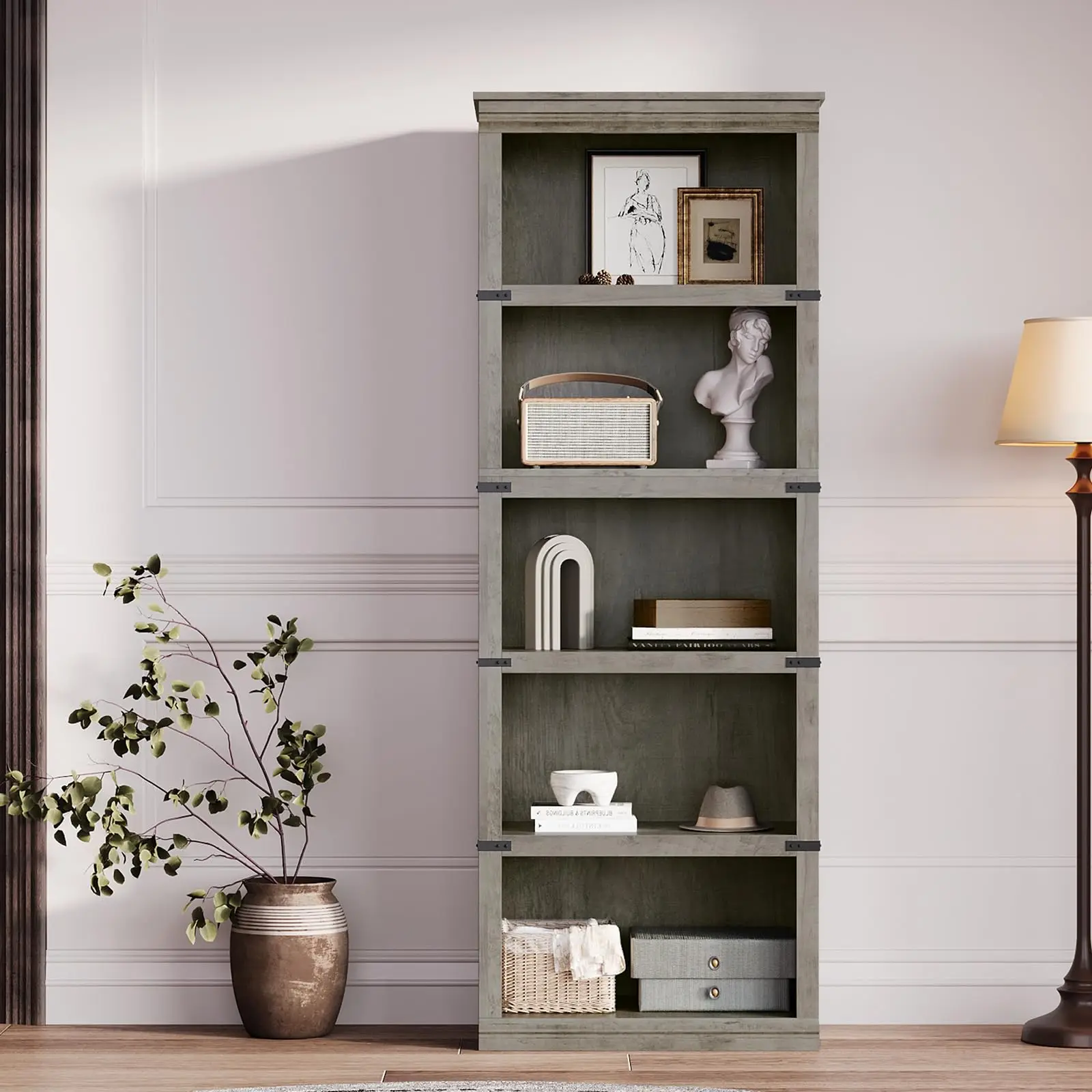 Étagère à livres rustique de style farmhouse de 67 pouces à 5 niveaux, grande étagère à livres de style farmhouse, étagères de rangement sur pied, étagère à livres large et moderne idéale pour le bureau à domicile, le salon et la chambre à coucher