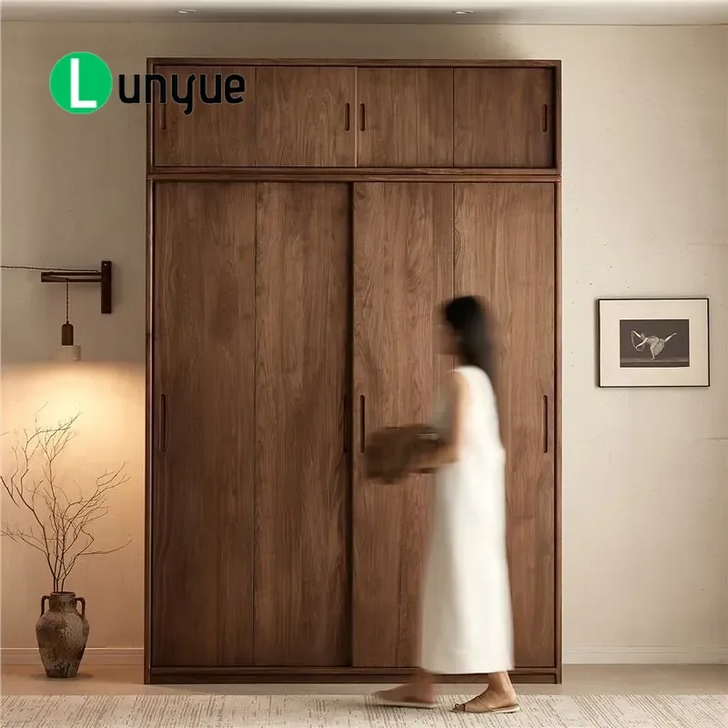 Black Walnut Solid Wood Wardrobe Floor to Ceiling Large Storage Closet for Bedroom Home Furniture  New Log Design