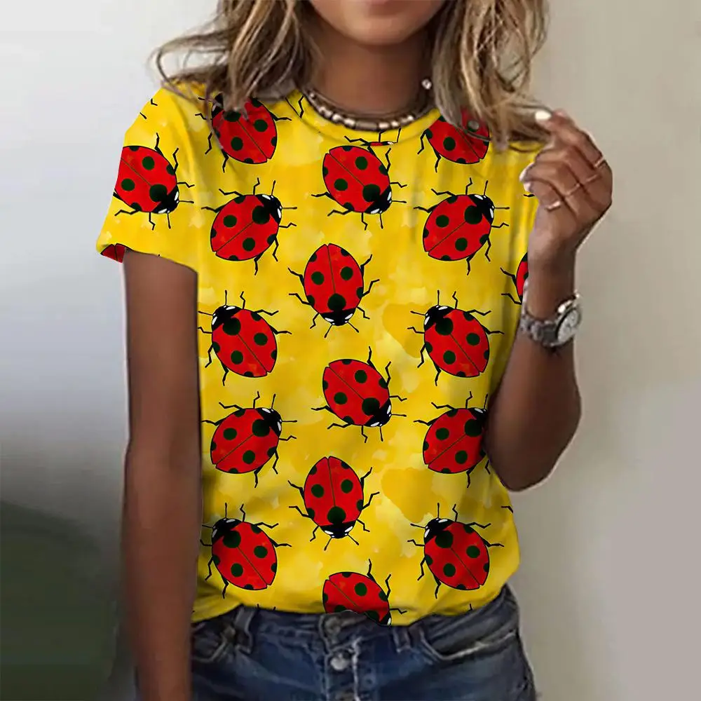 Ladybug Printing Women\'s T-Shirts Top Short Pullover Sleeved Fashion Street Round-Neck Tee Shirt Female Everyday Clothing Summer