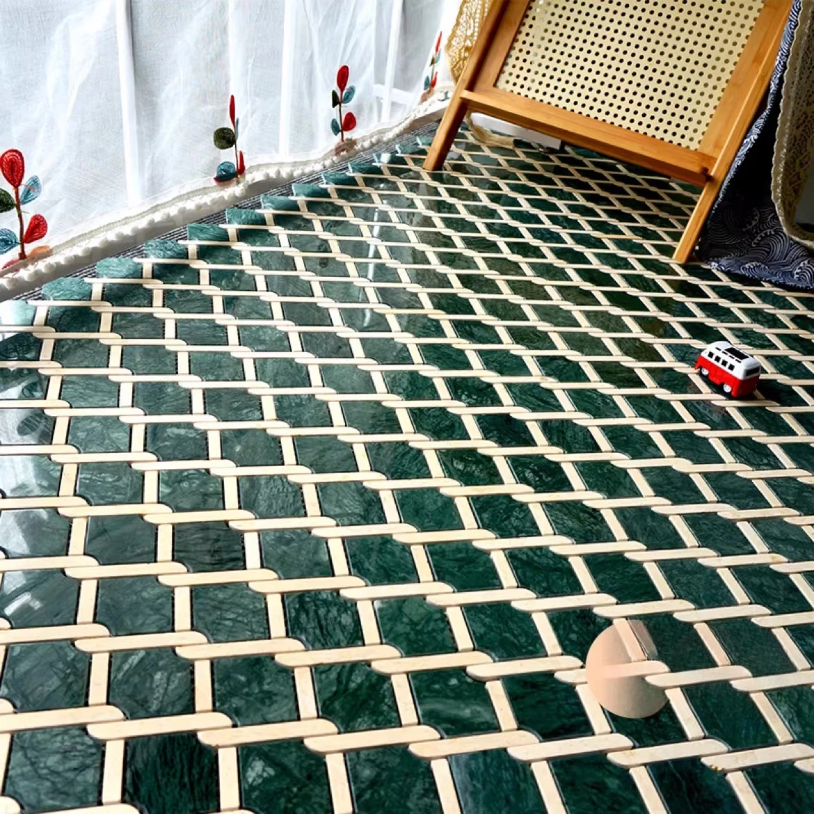 Dark green woven stone mosaic vintage bathroom toilet tiles