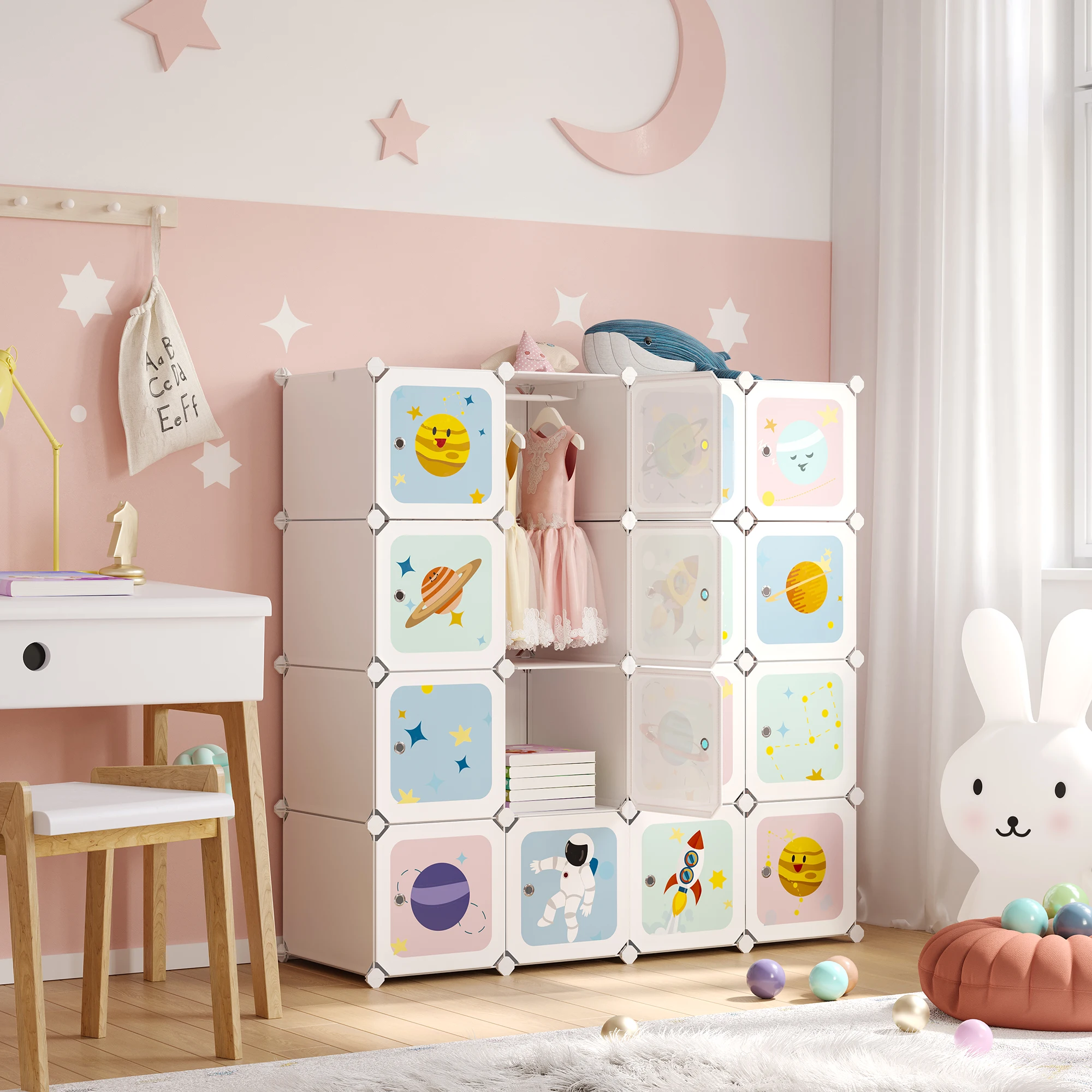 SONGMICS Armoire modulable, Placard de Rangement Portable, Organisateur vêtements Enfant, avec 16 Cubes, 4 Rails Suspendus