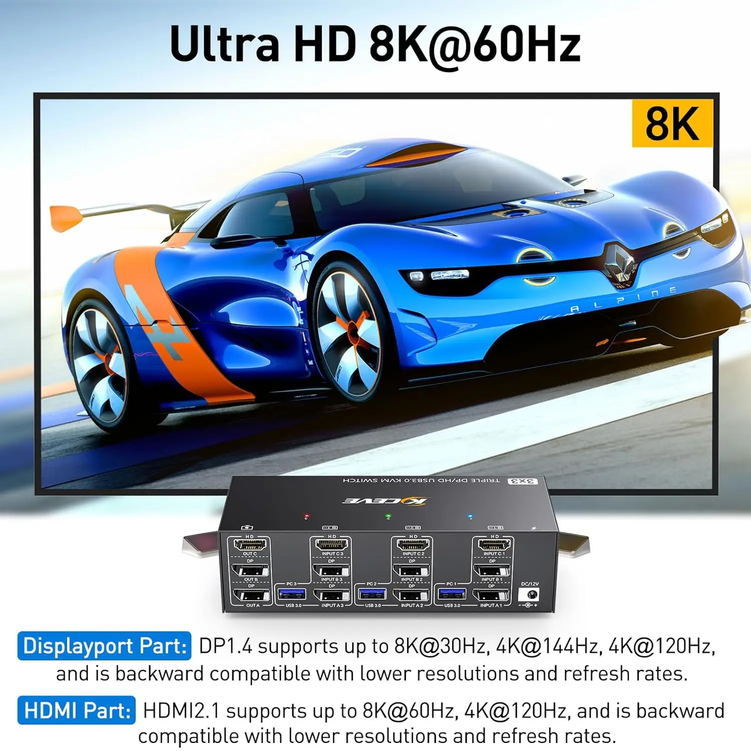 HDMIディスプレイポート付きトリプルKVMスイッチ,3台のモニター,3台のコンピューター,USB 3.0,8k @ 60hz用のKVM,4k @ 144hz,キーボード,マウス,モニター