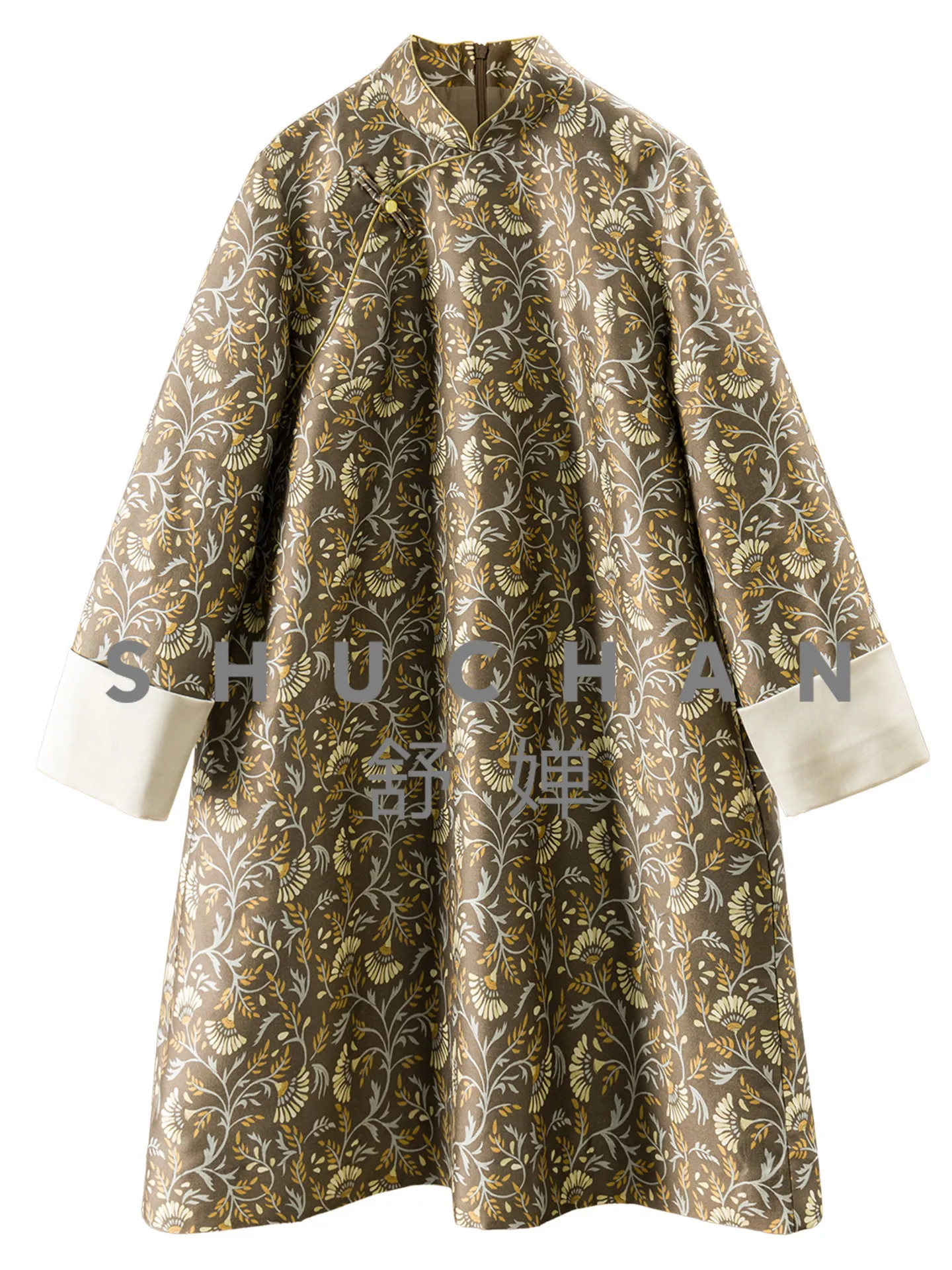 

Flower Print Dress New Chinese Silk Wool Cheongsam Collar Seven-quarter-sleeved Dress Women's 36K4 Vestidos Elegantes Para Mujer