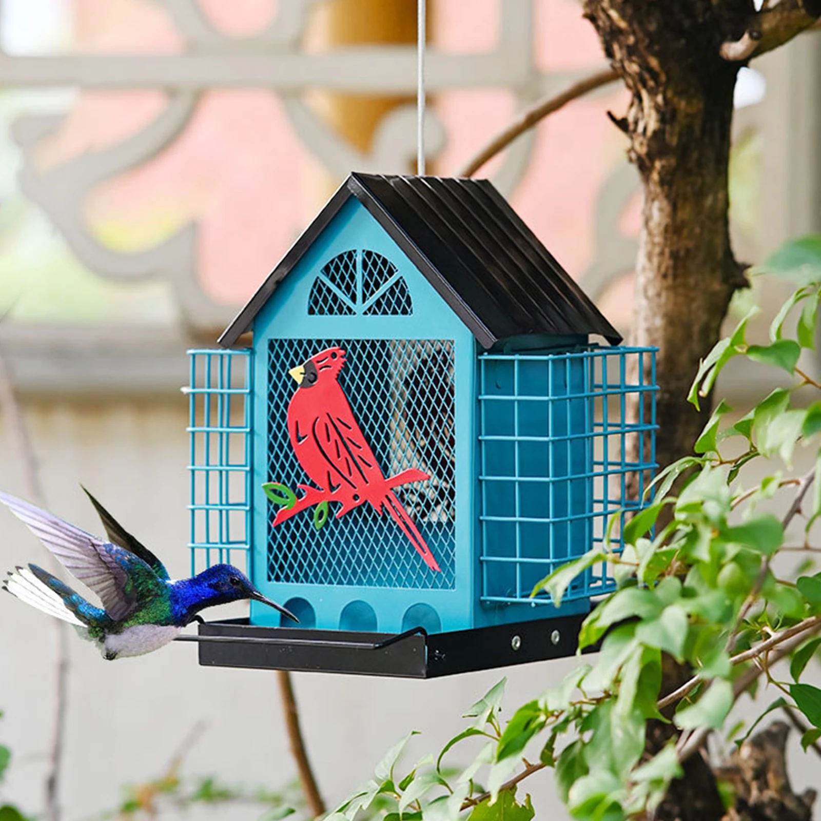 

Outdoors Hanging Bird Feeders Refillable Outside Bird Houses Squirrel-Proof Seeds Tray Cage for Backyard Tree Garden Decor