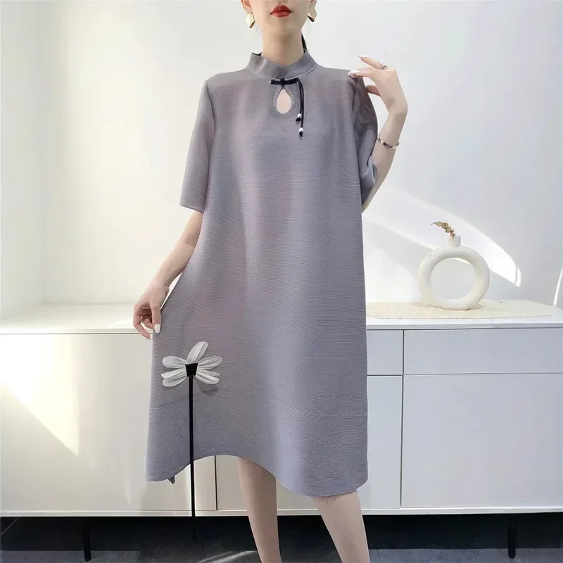 Miyake Pleated Women's Dresses Stereoscopic Decoration High Neck Plate Button Short Sleeve Design Solid Skirt 2024 Autumn New