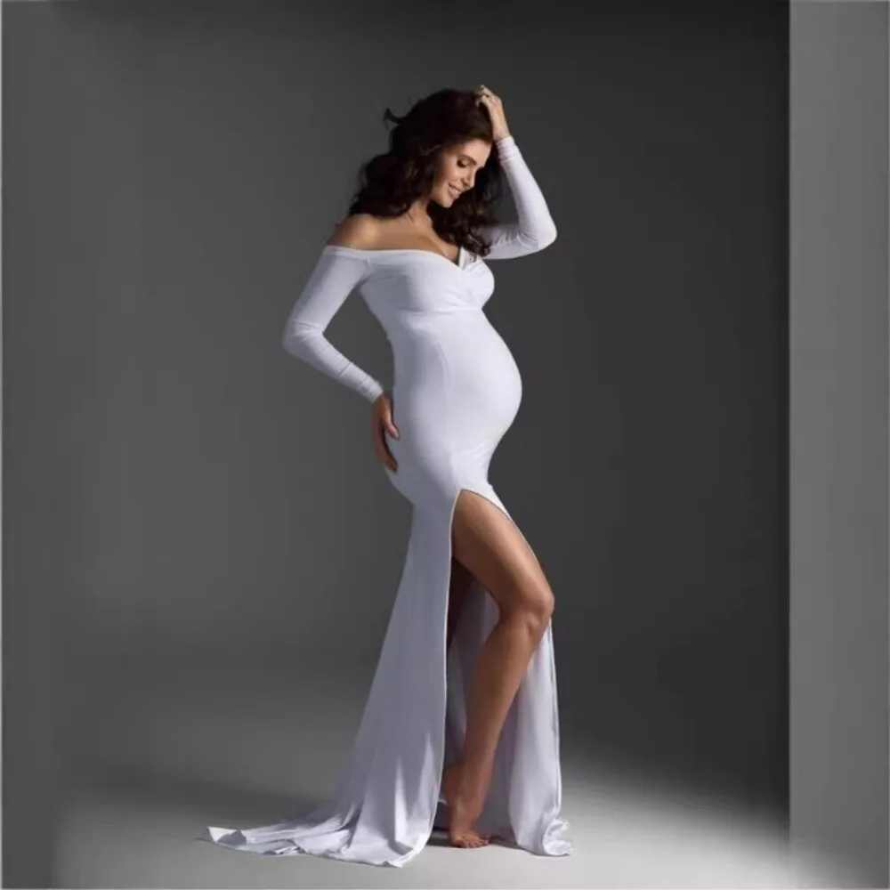 Maternity Long Maxi Dress for Photoshoot, V‑Neck Split Hem Trailing Gown, Soft Japanese Cotton Pregnant Women Photography Dress