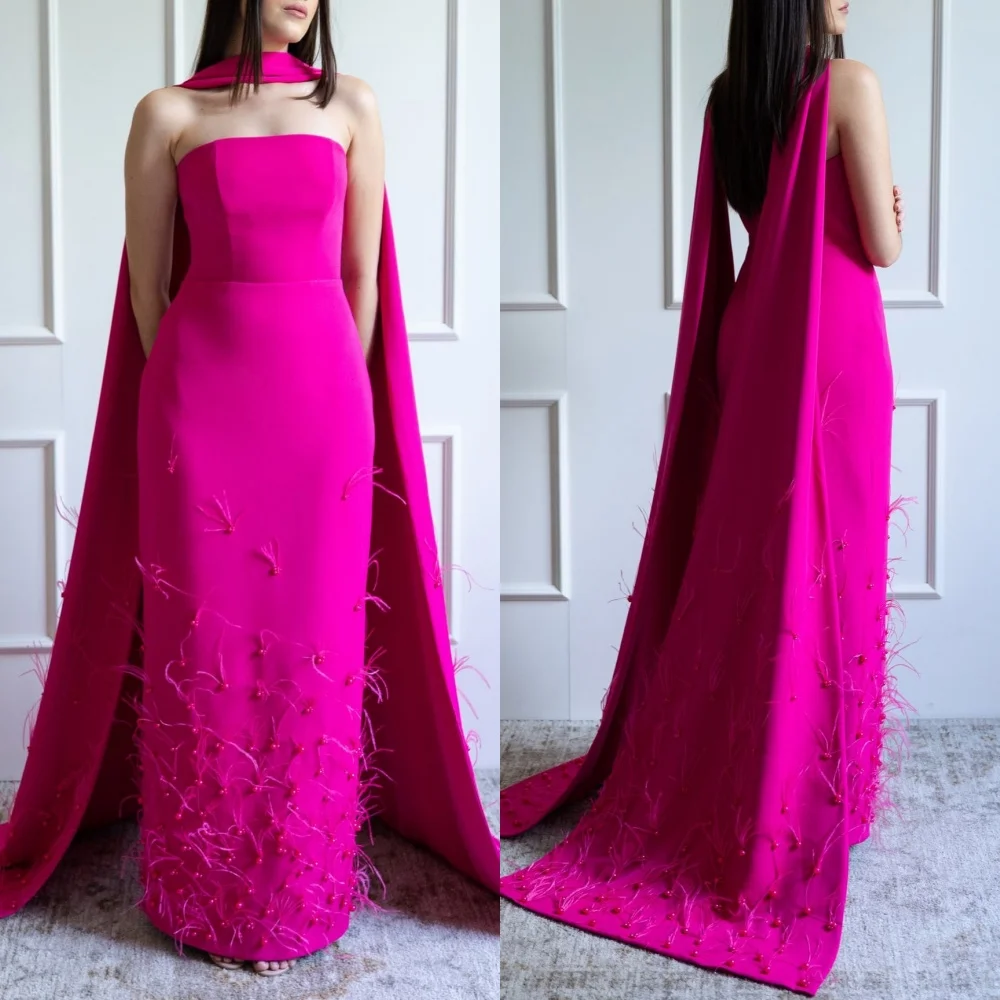 

Customized Matching Jersey Pleat Feather Straight Strapless Long Dresses Bespoke Occasion Celebrity High Quality