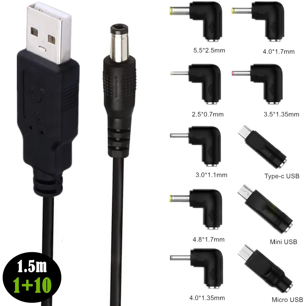 USB to DC 5.5*2.1mm Power Cable+DC 3.5*1.35mm 4.0*1.7mm Type-C Mini Micro To 5.5/2.1 Female DC Barrel Jack Power Plug Connector