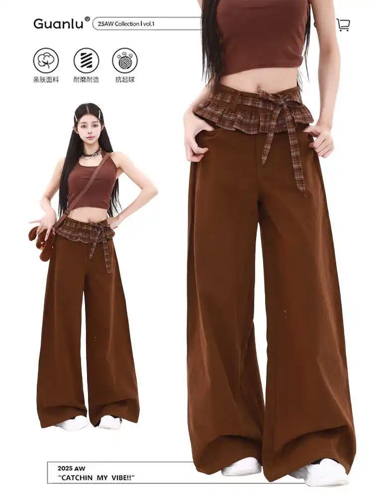 

Women's Brown Gothic Baggy Jeans Y2K Lattice Spliced 90s Harajuku Japanese Streetwear Retro Loose Wide Leg Jeans Pants Clothing