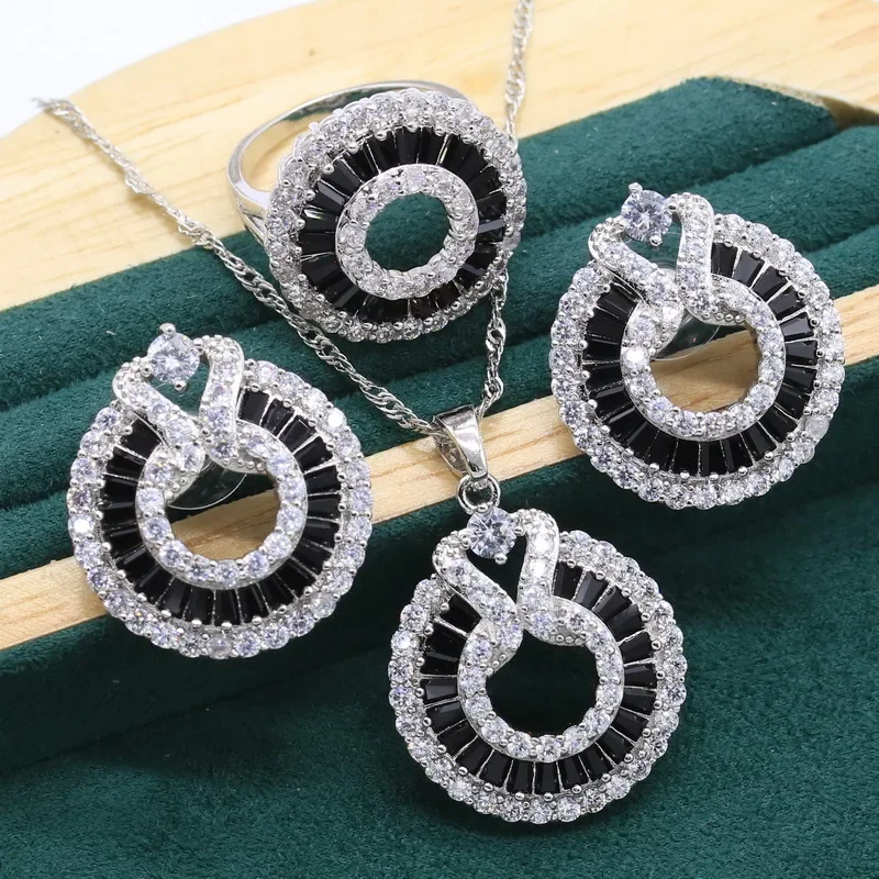 Silver Color Jewelry Set For Women Wedding Luxurious Black Crystal Bracelet Earrings Necklace Pendant Ring Birthday Gift