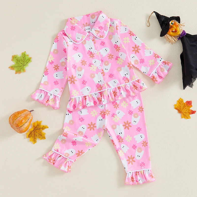 Little Girl Halloween Pajamas Set Pumpkin Print Long Sleeve Lapel Button Down Tops with Ruffled Pants Fall 2 Pieces Sleepwear