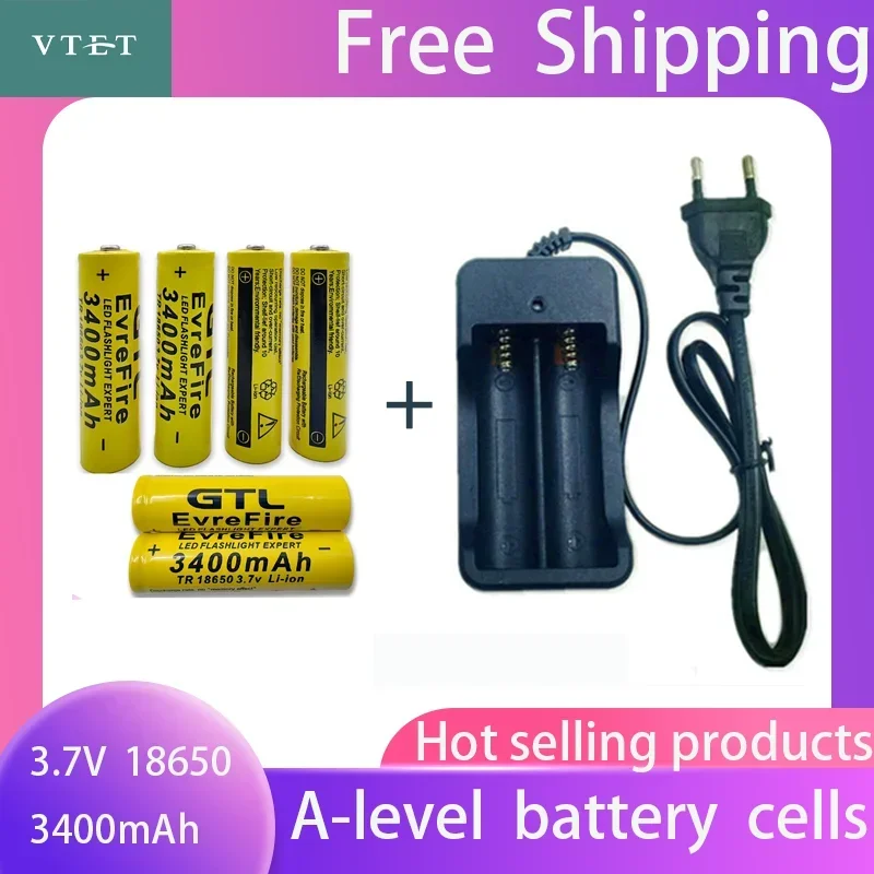 2024 New Battery High Quality 3400mAh 3.7V 18650 Li-ion Batteries Rechargeable Battery for Flashlight Torch Fan Toy Car+Charger