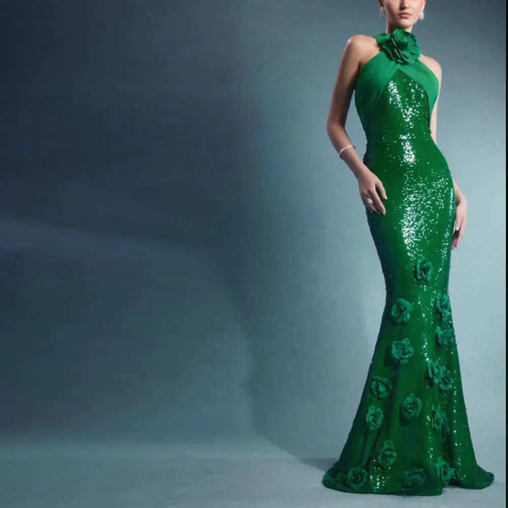 Customized Green Sequin Evening Dresses Halter Backless Mermaid Formal Bantique Dress 3D Flower Special Occasion Gowns
