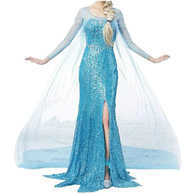 Adult Womens Snow Queen Elsa prom Costume Cosplay Party Gown Fancy Dress and wig Halloween Carnival Purim Masquerade Party