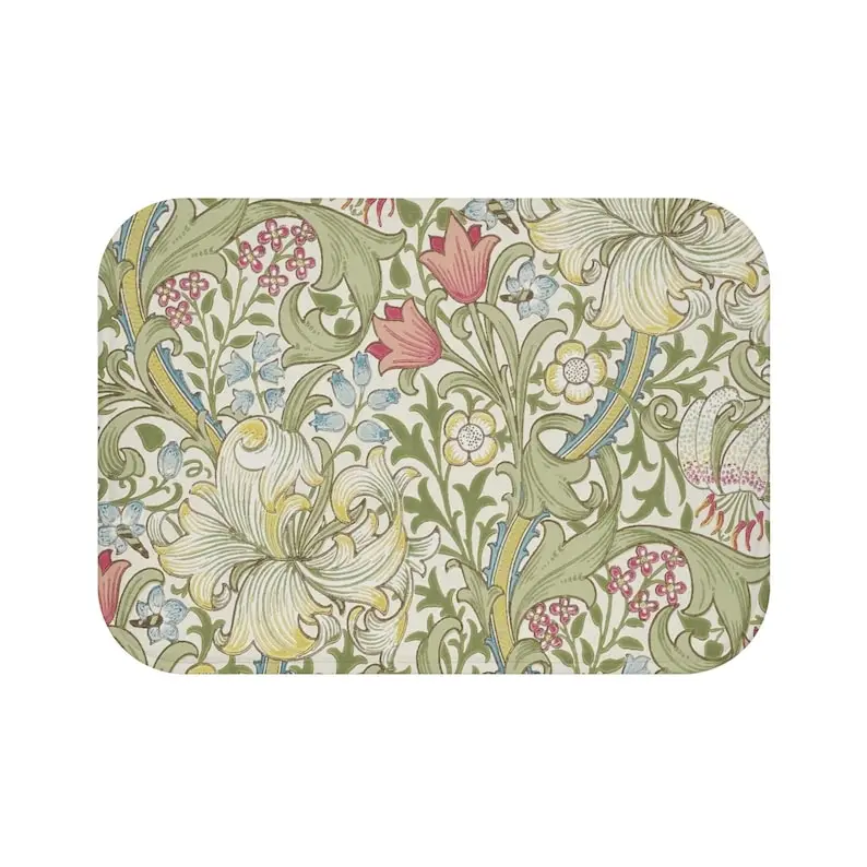William Morris Bath Mat – Vintage Golden Lily Floral Print, Non-Slip Green & Pink Cream Bathroom Rug, Antique Botanical Decor​