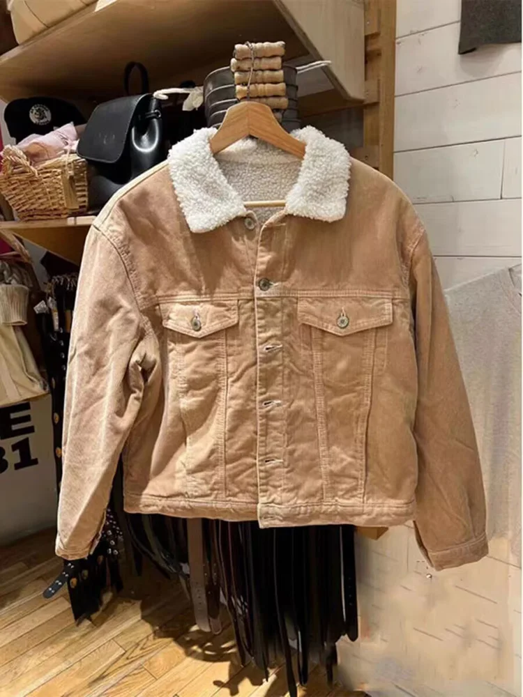 

BrandyBM Official Website New American Retro Versatile Corduroy Jaet Lamb Velvet Loose Collar Women's Outerwear