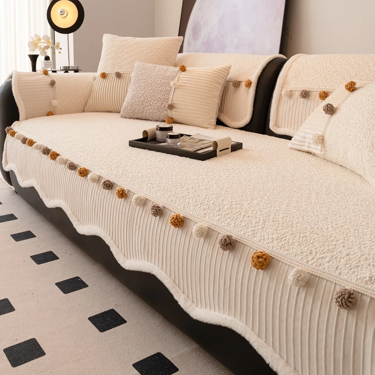 1pc Yarn Dyed Fluffy Boucle Chenille with Cute Pom-Poms Sofa Cover, Non-Slip Living Room Couch Seat Cover Furniture Protector