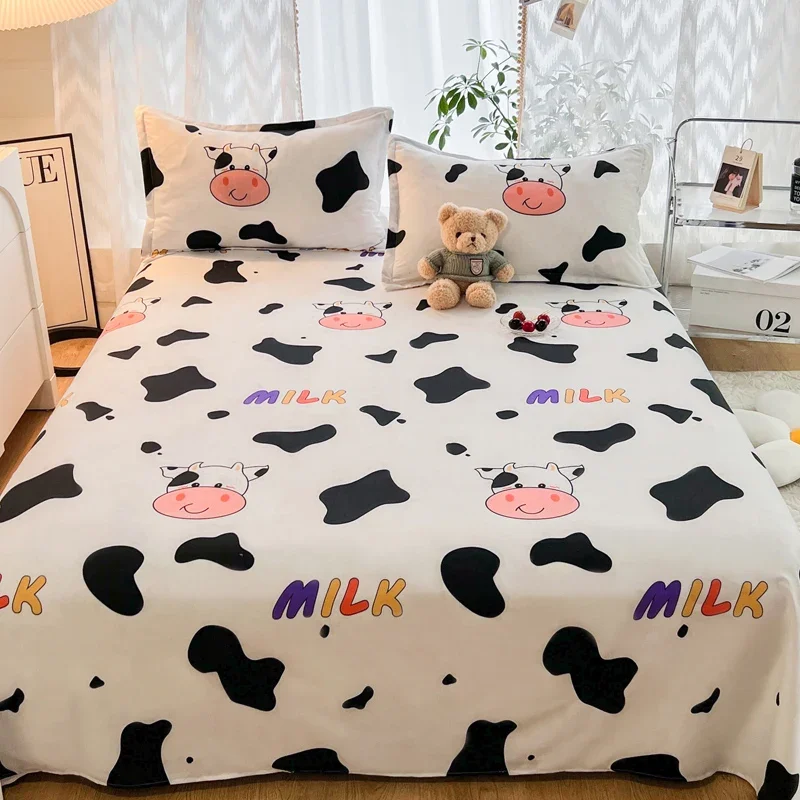 Cute Milk Cow Flat Sheet Twin King Cartoon Farm Animal Bed Sheet Set for Girl Teen Room Decor Kawaii Bed Cover with 2 Pillowcase