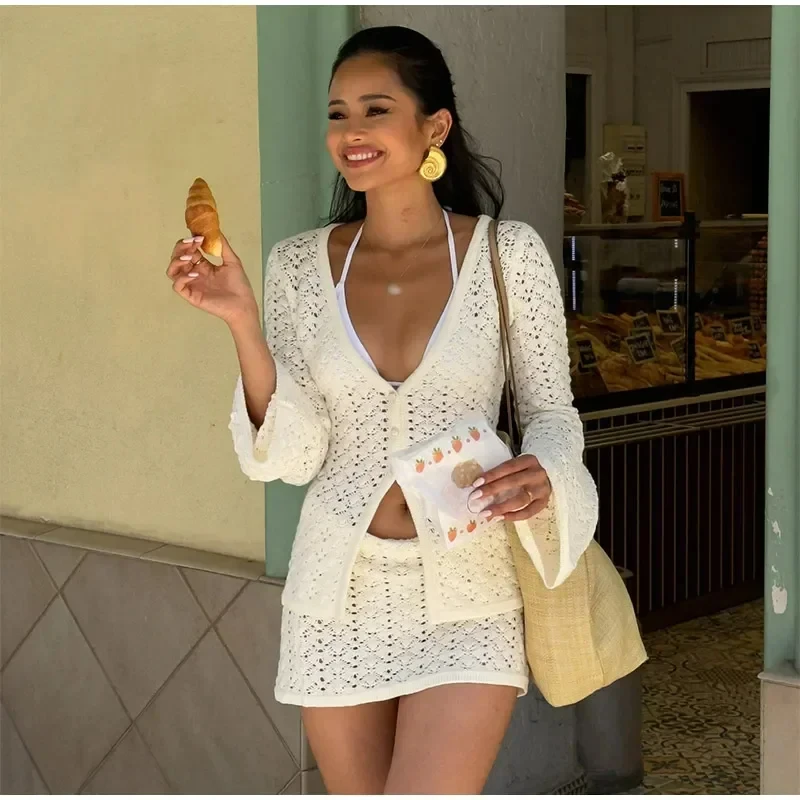 

Knit Hollow Out Top Skirt Sets Women V-neck Long Sleeve Tops Mini Skirts Suit Female 2024 Autumn Beach Lady Party Outfit