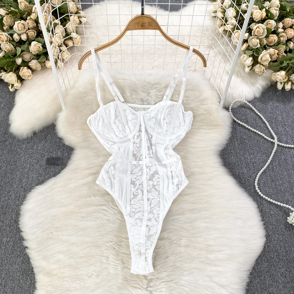 Summer Fashion Sexy Perspective Slim Fit Bodysuit Women Black White Bottom Strap Tank Top See Through Lace Casual One Piece