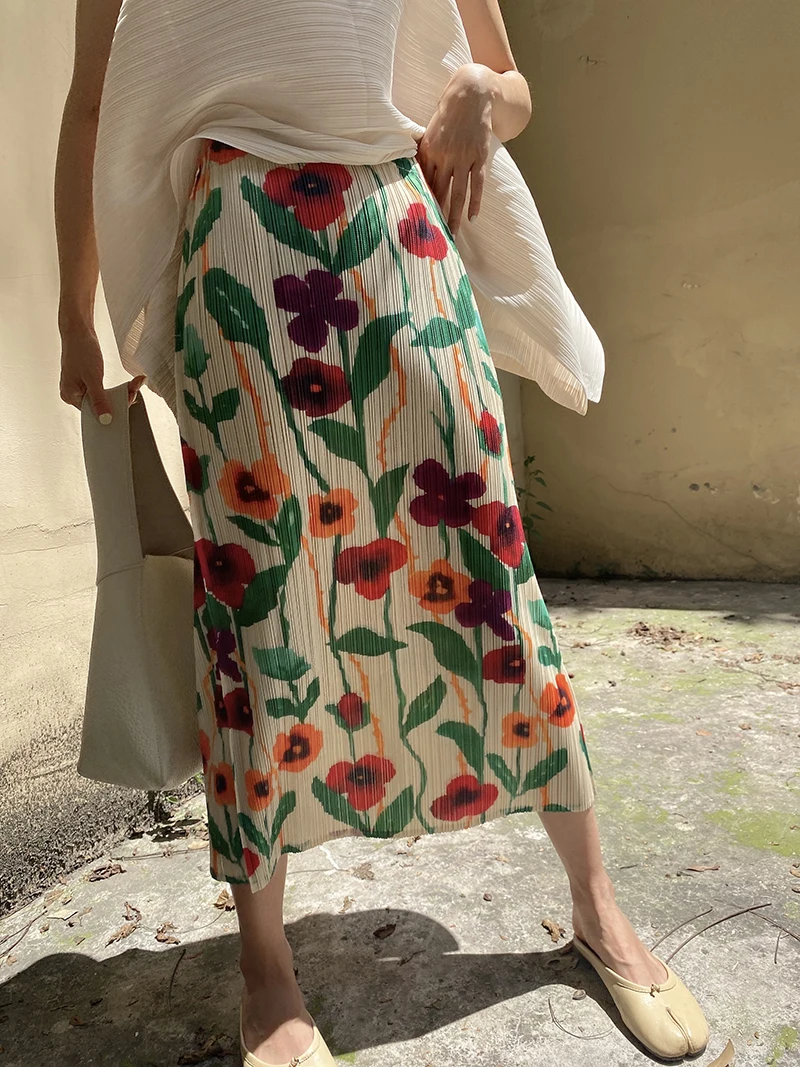 ALSEY Miyake Flower Pleated Print  Split Straight Skirt for Women 2023 Summer New Fashion High Waist Bohemian Beach Resort Set