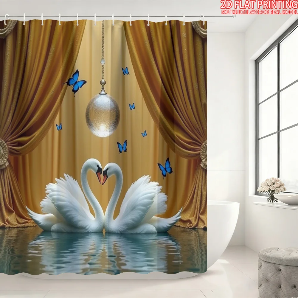 

1Romantic Swan Heart Shower Curtain Waterproof Easy to Clean Privacy Protection Print Luxury Theater Art Design Elegant 12 hooks
