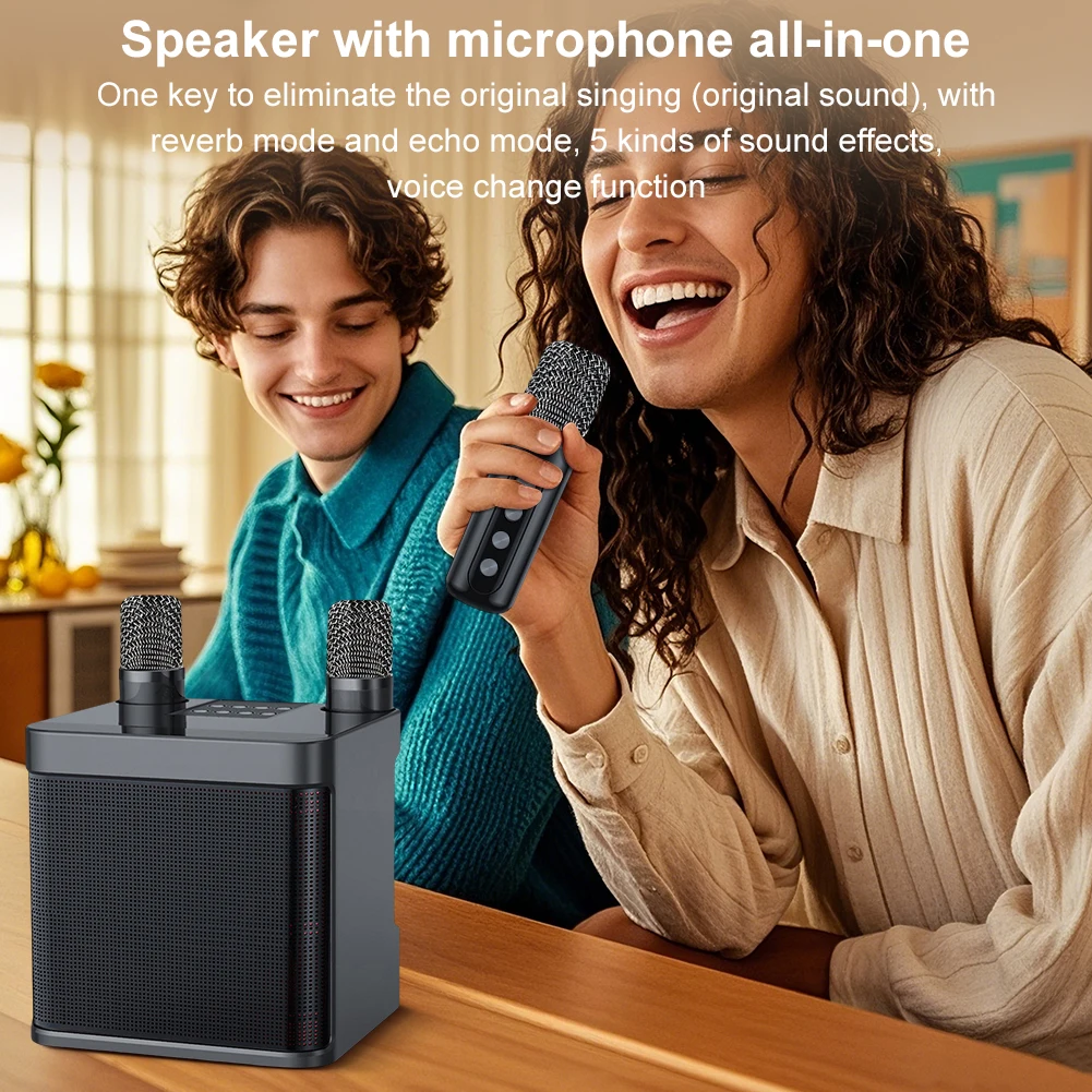 Machine à karaoké avec 2 microphones sans fil, haut-parleur karaoké sans fil, prise en charge de la carte BT/USB/TF/Aux pour enfants et adultes