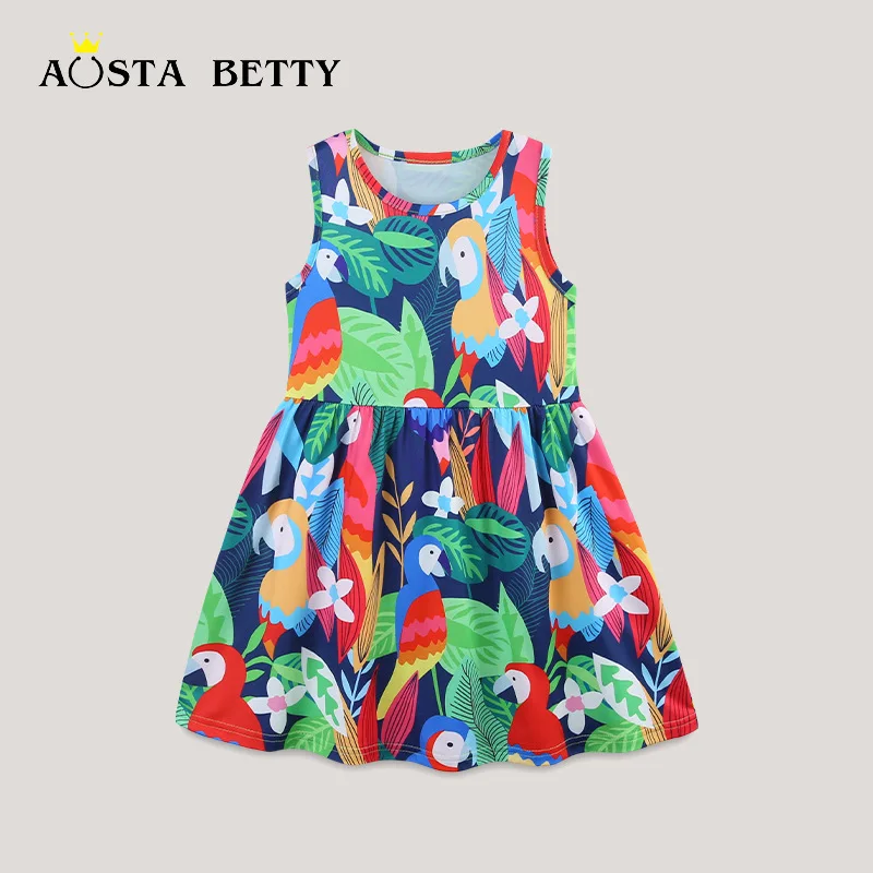 European and American style girls' short-sleeved dress 26 summer new round neck princess dress floral children's skirt