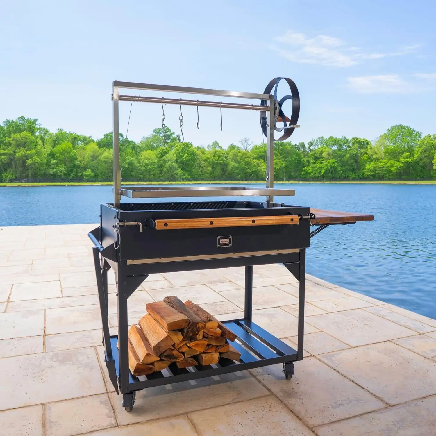 Argentine Santa Maria Heritage Wood Fire & Charcoal BBQ Grill with Adjustable Grill Grates, Fire Bricks, Heavy-Duty Steel, S-Hoo