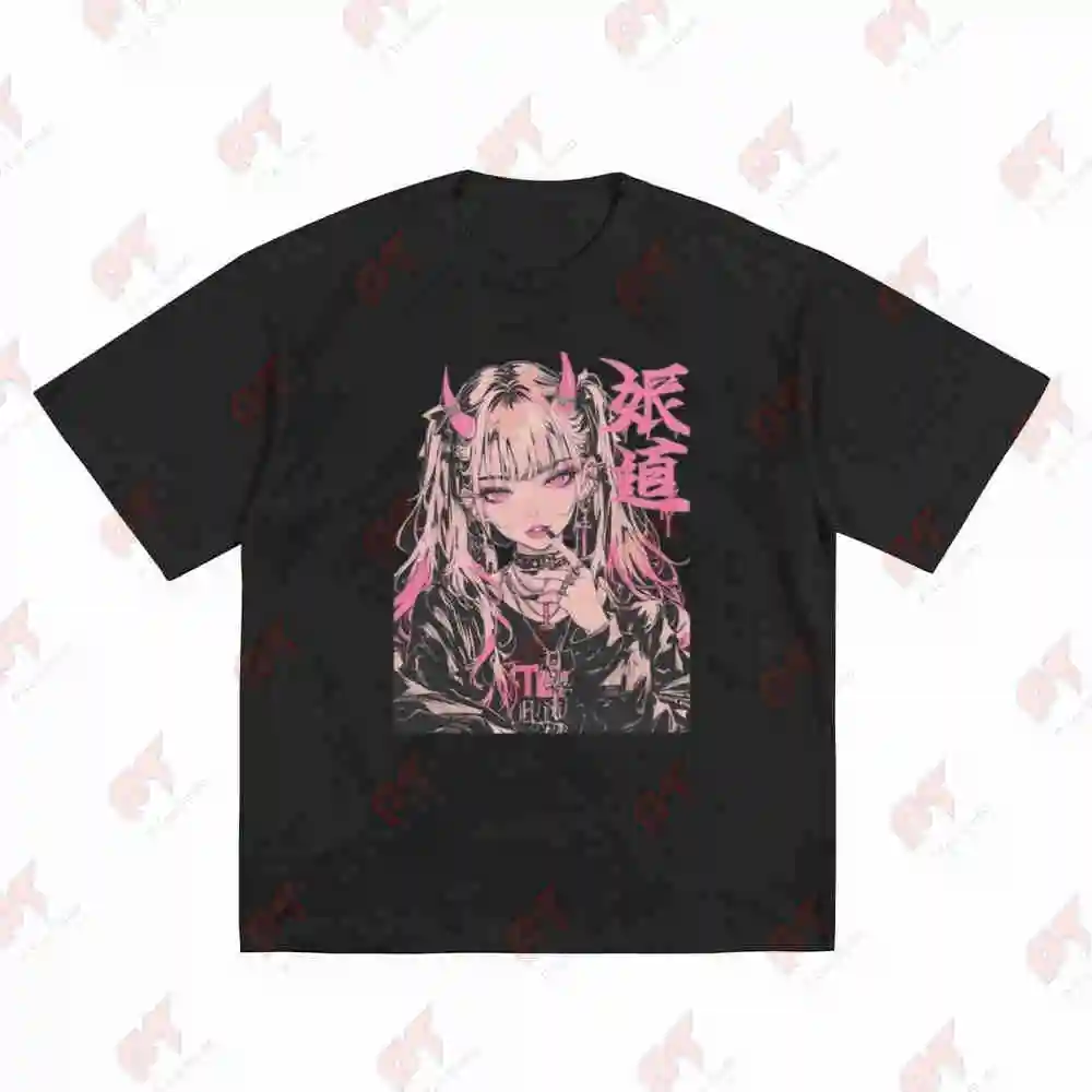 Goth Grunge Demon Anime Femme Fatale Pink Horns Short Sleeve Tee 100% Cotton T-Shirt
