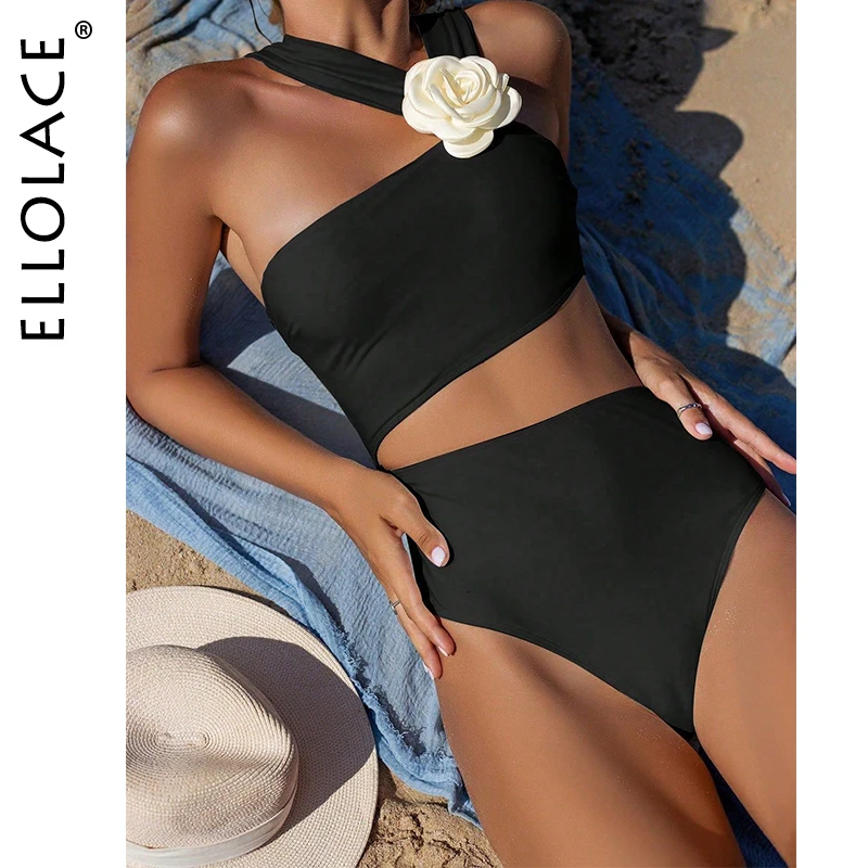 

Ellolace Sexy Women's Swimsuit Elegant One-piece Body with White Rose Seductive Asymmetrical Shoulder Padded Beach Suit
