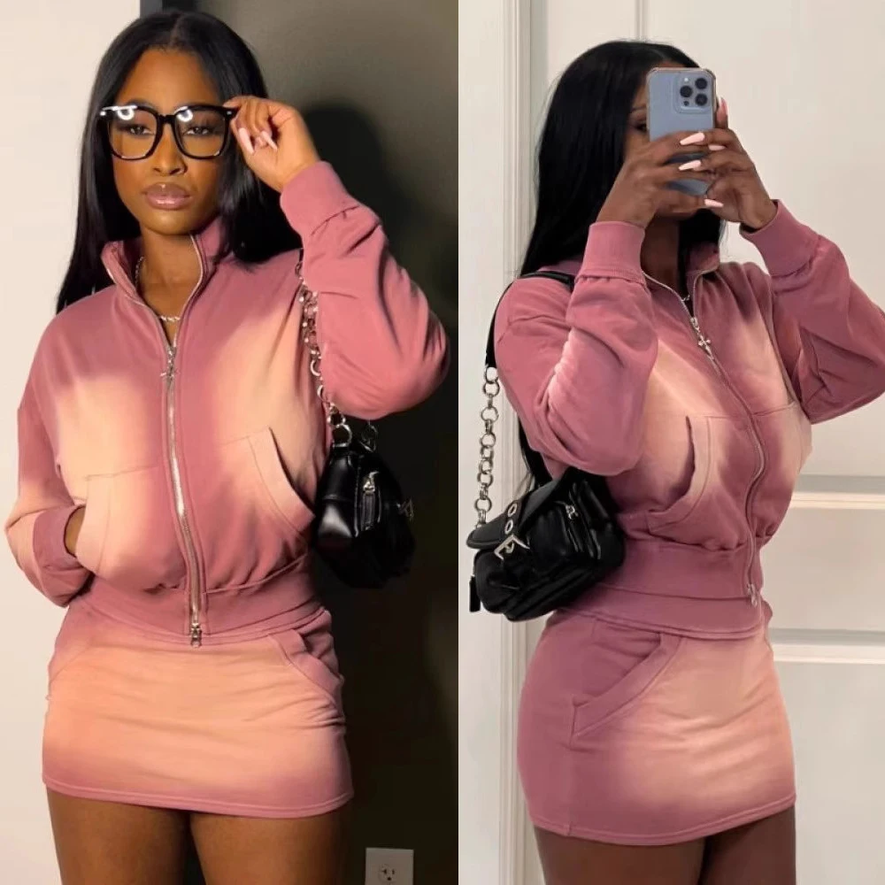 Fashion Washed Hoodie Set Women Outfit Casual Pocket Long Sleeve Zip up Crop Top Mini Skirt Suit Streetwear Fall 2 Piece Sets