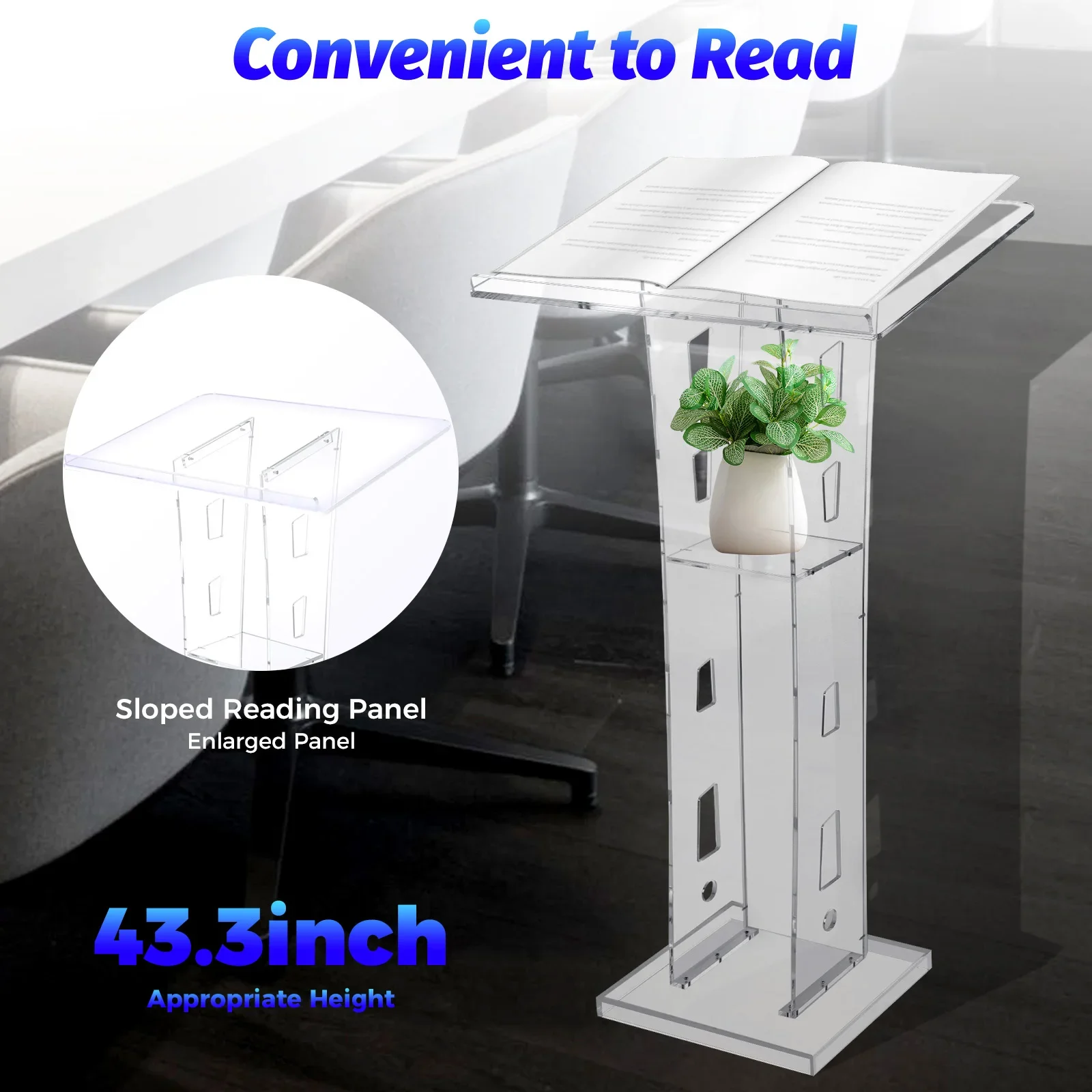 Transparent Acrylic Podium, Durable, Anti-Shatter, Rounded Corners, Sloped Top, Storage Board, Easy Assembly, Eco-Friendly